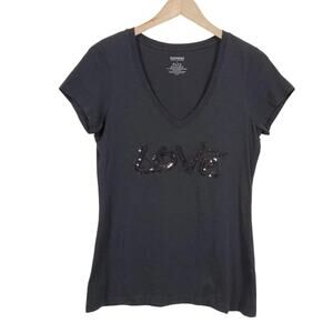 Express Black T Shirt Women Size S Sequin Love Graphic Short Sleeve Cotton